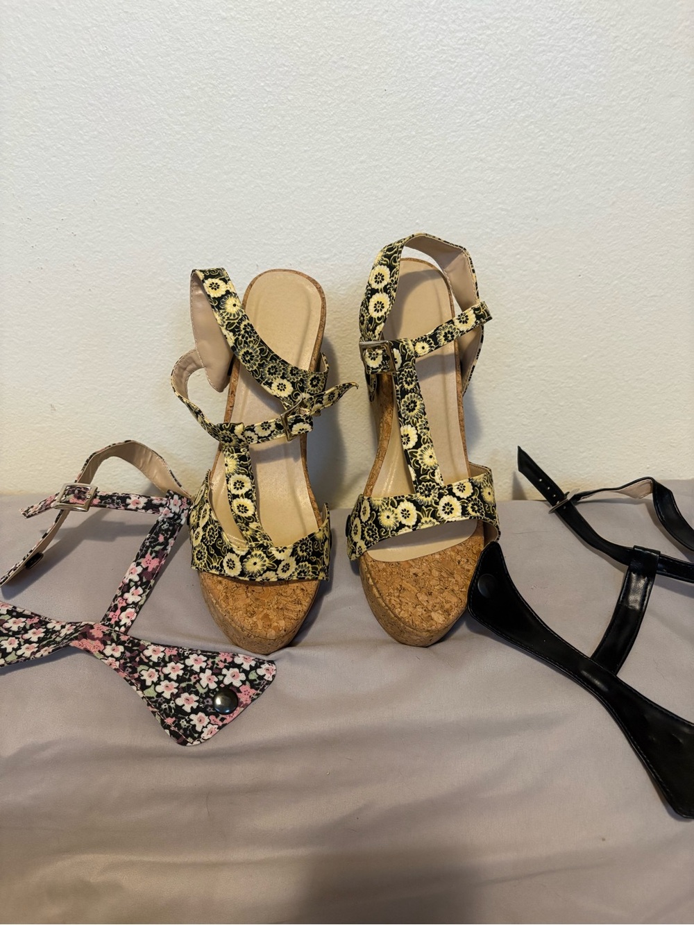 Floral Cork Wedge Sandals - Yellow/Black